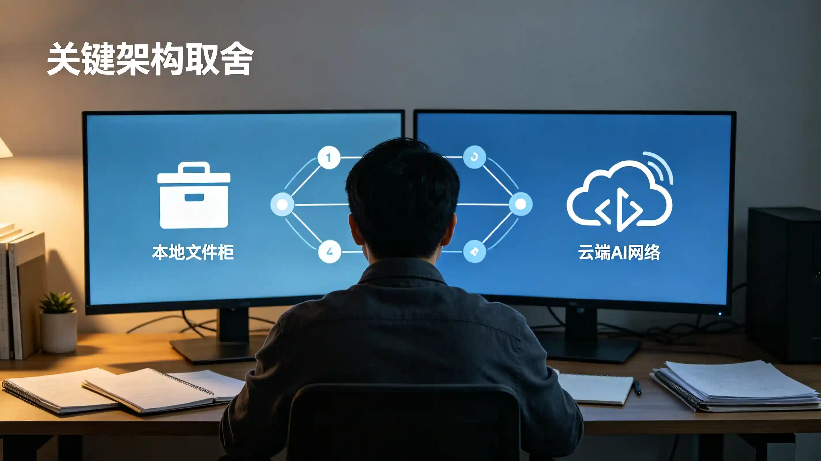外贸知识库项目开篇图,电脑桌面散落大量杂乱文档,柔和科技背景,复盘随笔封面视觉.webp
